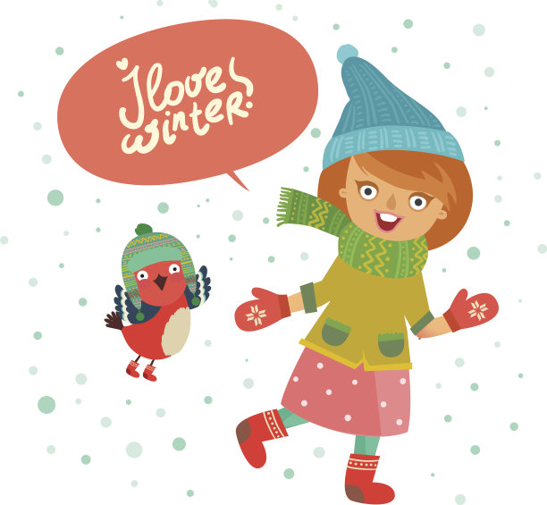有可爱小女孩和红腹灰雀的冬季卡片图片下载