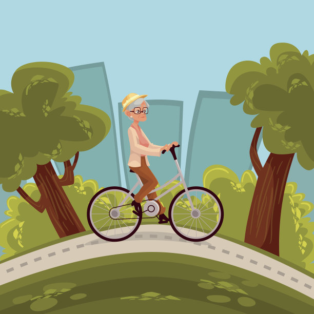 戴草帽的漂亮老妇人在公园里骑自行车图片下载