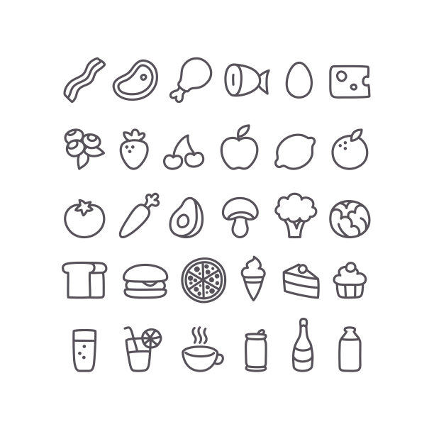 一组30个简单的食物图标在黑色和白色图片下载