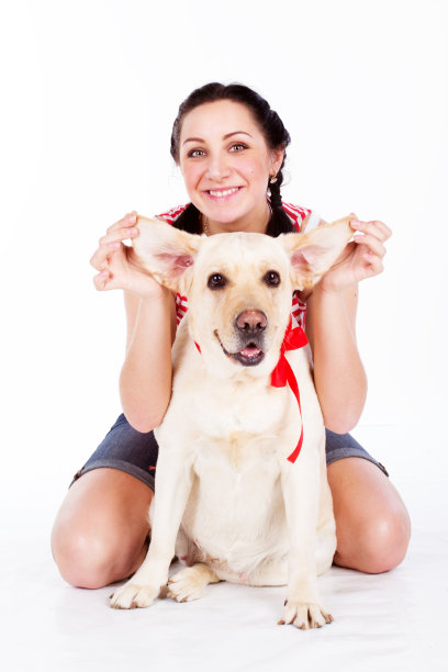 女孩和她的拉布拉多犬坐在一起图片下载