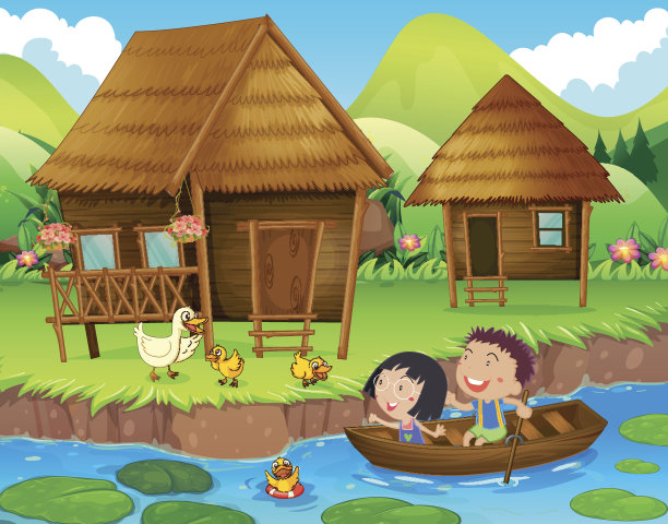 两个孩子在河里划船图片下载