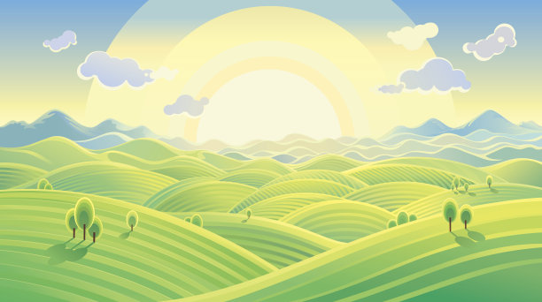 阳光明媚的丘陵景观。图片下载