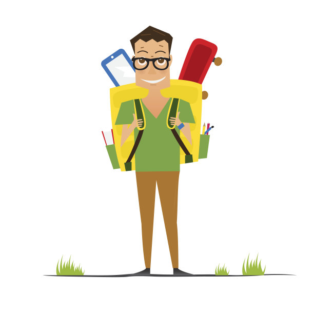 微笑的年轻的学校男孩与黄色的背包。图片下载