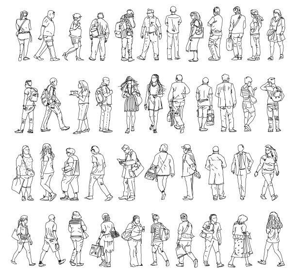 各种行走姿势的人的素描图片下载