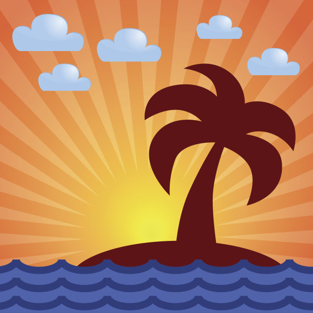 黎明，大海，岛屿，棕榈。图片下载