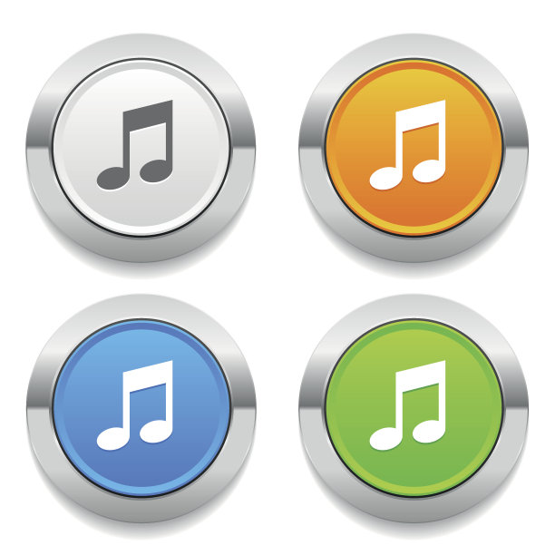四色圆形按钮，音乐图标和金属边框图片下载
