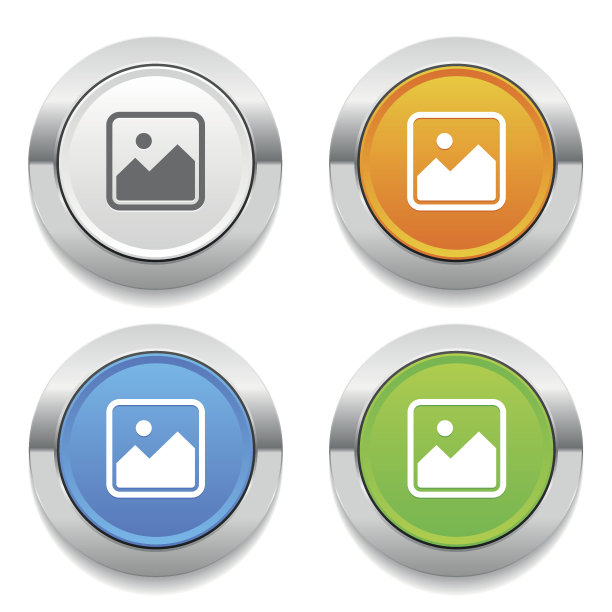 四色圆形按钮与照片图标和金属边框图片下载