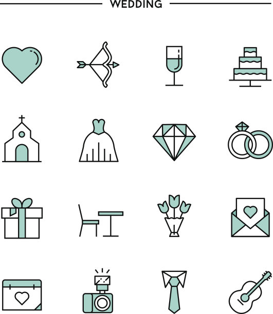 一套平面设计，细线婚礼图标图片下载