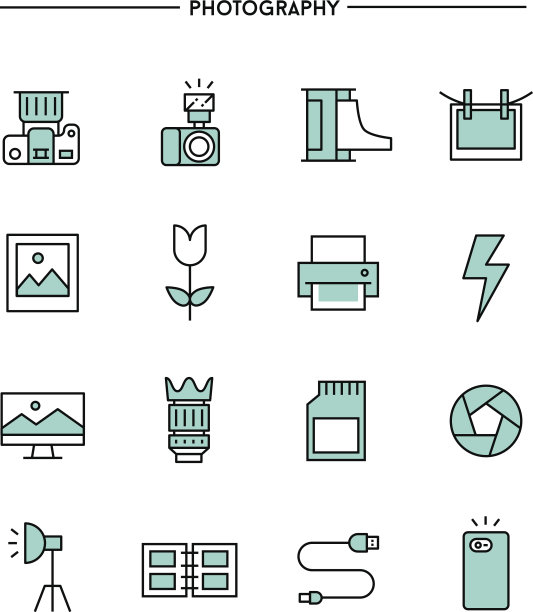 一套平面设计，细线摄影图标图片下载