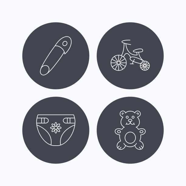 熊玩具，尿布和第一个自行车图标。图片下载
