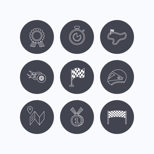 比赛旗帜和速度图标。冠军奖牌的迹象。图片下载
