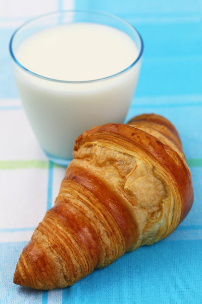 黄油牛角面包加一杯牛奶，特写图片下载