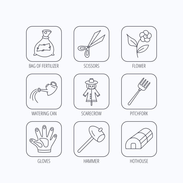 锤子，温室和喷壶图标。图片下载