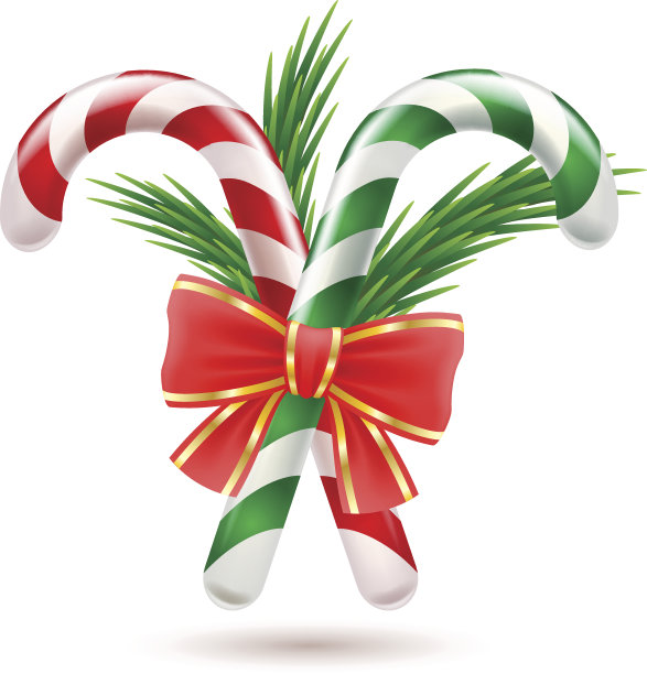 糖果拐杖和圣诞树枝和蝴蝶结。图片下载