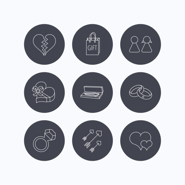 爱心，礼盒和结婚戒指的图标。图片下载
