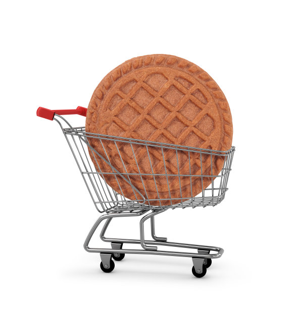 巧克力饼干的购物卡上白色隔离。网上购物的概念图片下载