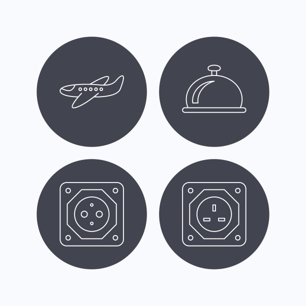 飞机，欧洲插座和接收钟图标。图片下载
