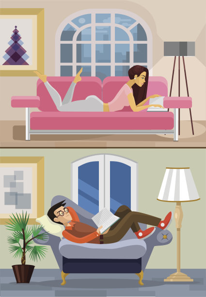 矢量客厅和男孩和女孩。平的插图图片下载