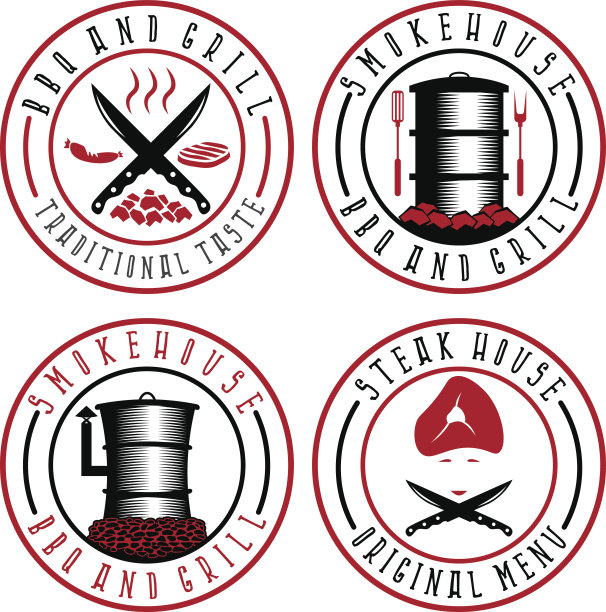 矢量插图套烧烤，牛排和熏制屋标签图片下载