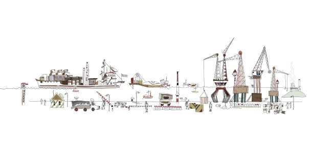 大港口插图与框架和货船图片下载