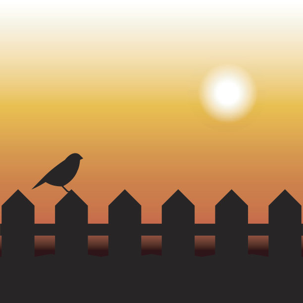 日落时篱笆上鸟儿的剪影图片下载