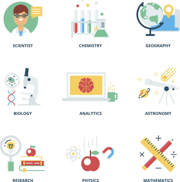 科学矢量图标设置现代平面风格图片下载