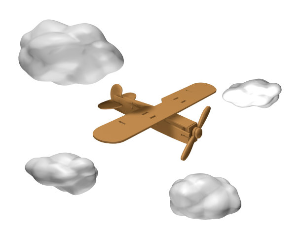 木制飞机玩具在空中飞行与3d云图片下载