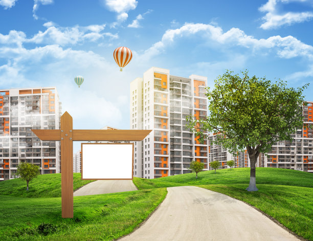 建筑、青山、道路与木制招牌相映成辉图片下载