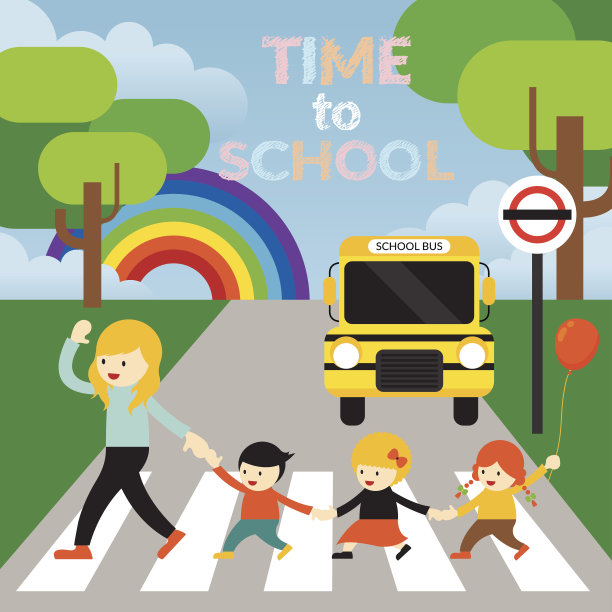 老师带领孩子穿过街道到学校图片下载