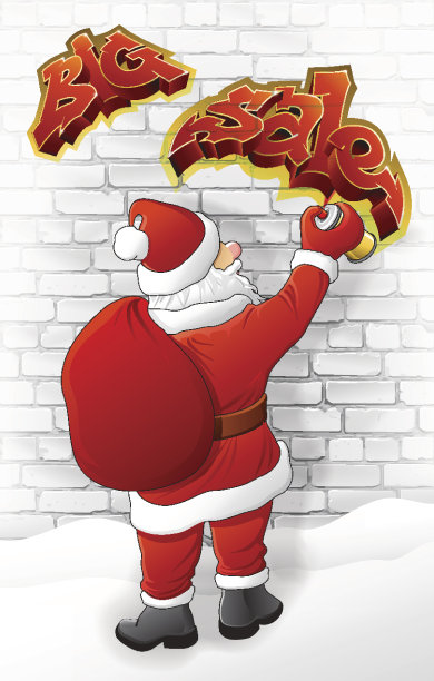 圣诞老人在砖墙上画“大减价”图片下载