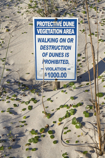 保护沙丘植被区海滩标志图片下载