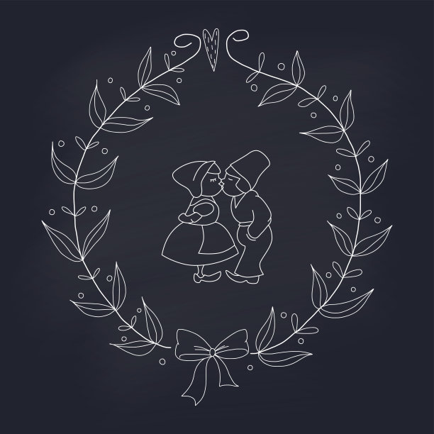 手绘婚礼花环与荷兰接吻的夫妇图片下载