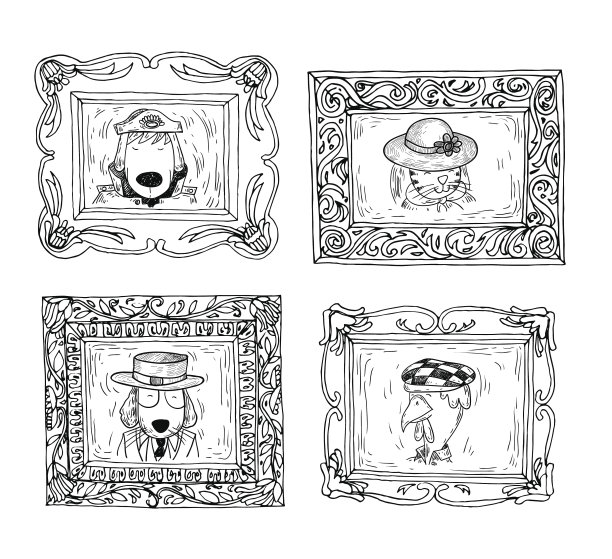 设置图片框架与动物肖像，手绘矢量插图。图片下载