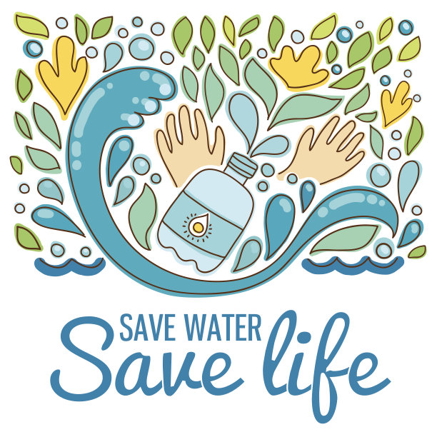 节约用水，就是节约生命。手画的水滴、浪花、树叶图片下载