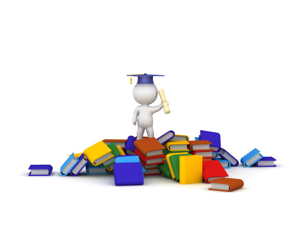 3D人物与文凭站在一堆彩色的书图片下载