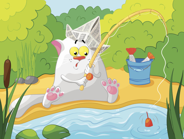 猫在河边钓鱼。矢量插图。图片下载
