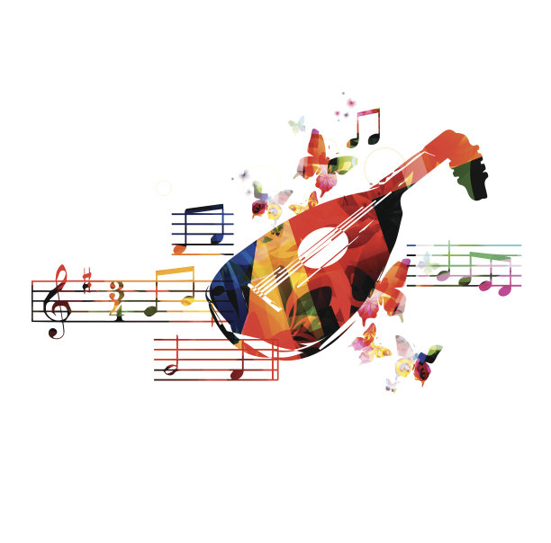 五彩缤纷的琵琶设计与蝴蝶图片下载