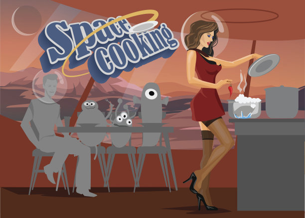 复古风格的太空烹饪，一个女人准备食物图片下载