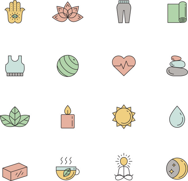 瑜伽和水疗中心的彩色图标矢量集。简单的轮廓设计。图片下载
