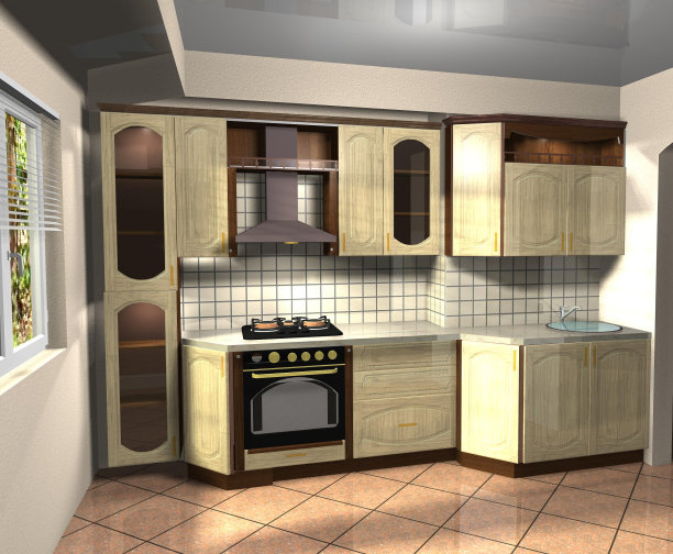 3D渲染室内设计厨房米黄色棕色木制图片下载