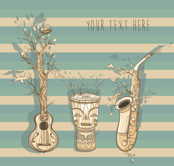 矢量插图现场音乐与吉他，萨克斯管，djembe图片下载