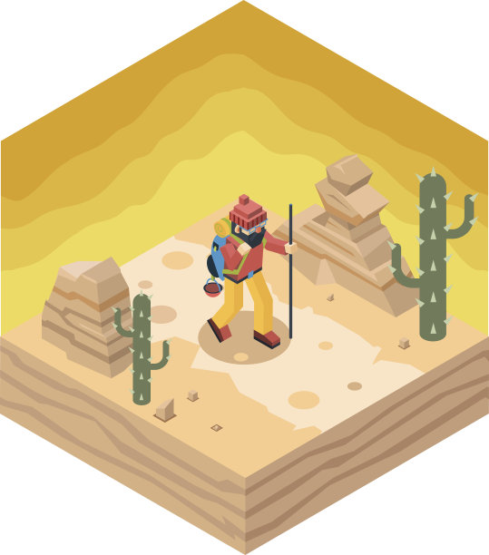 背包旅行者多边形人物行走沙漠路仙人掌自然概念图片下载