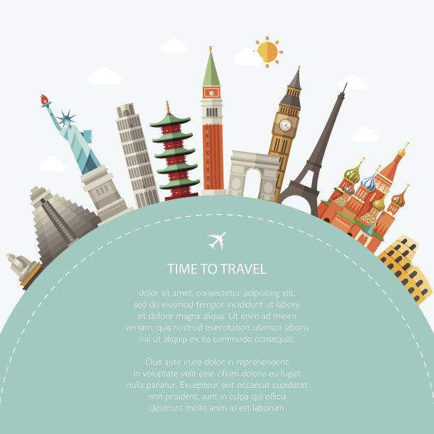 平面设计明信片插图与著名的世界地标图标素材图片