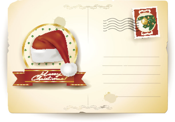 带圣诞老人帽子的圣诞明信片图片下载