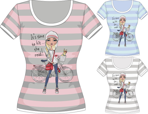 矢量t恤与时尚女孩和自行车图片下载