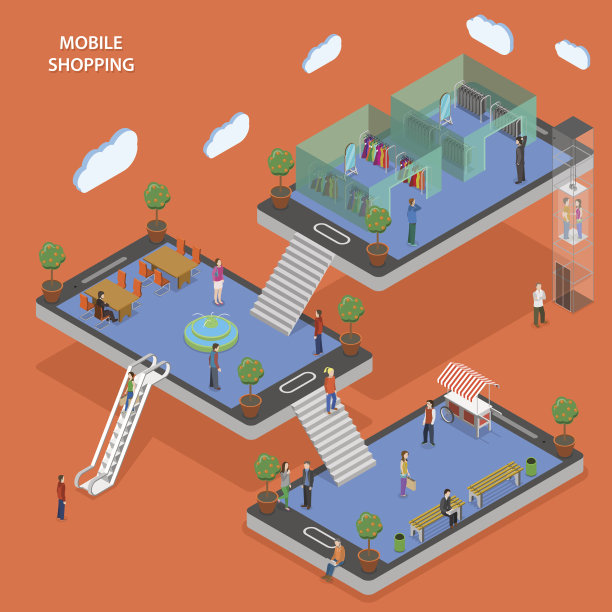 移动购物平面等距矢量概念。素材图片