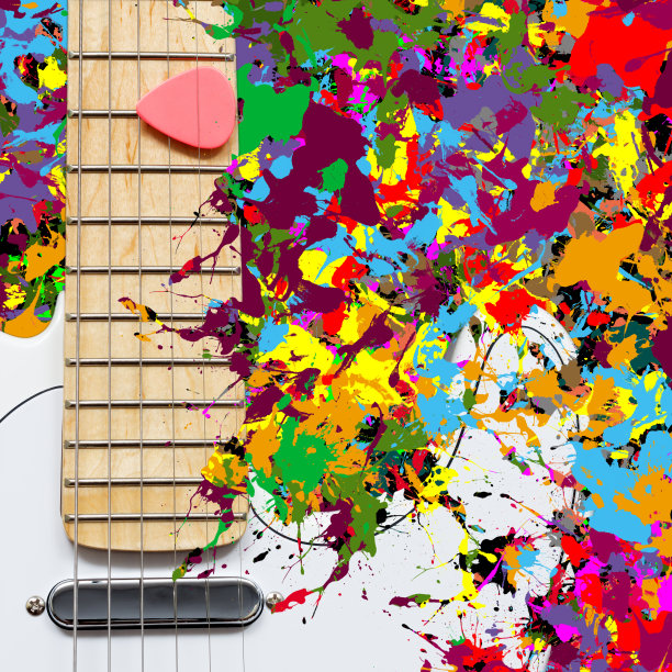 白色电吉他上泼洒着充满活力和色彩的背景图片下载