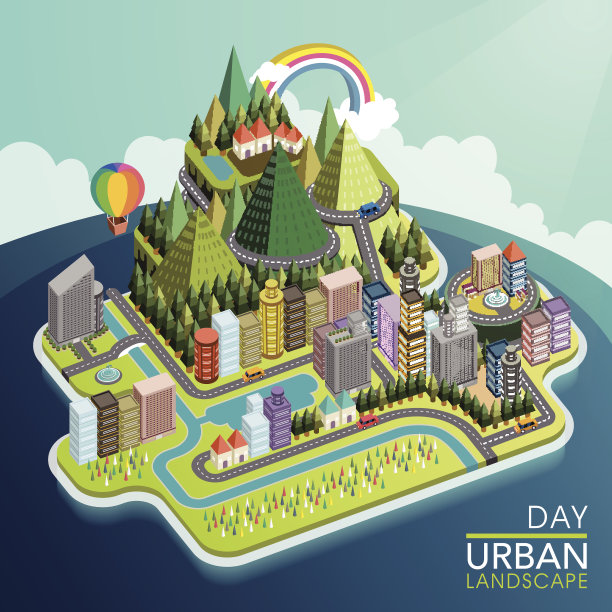 平面三维等距城市景观插图图片下载