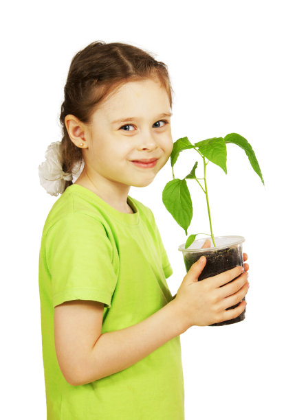 小女孩在花盆里种着幼苗图片下载