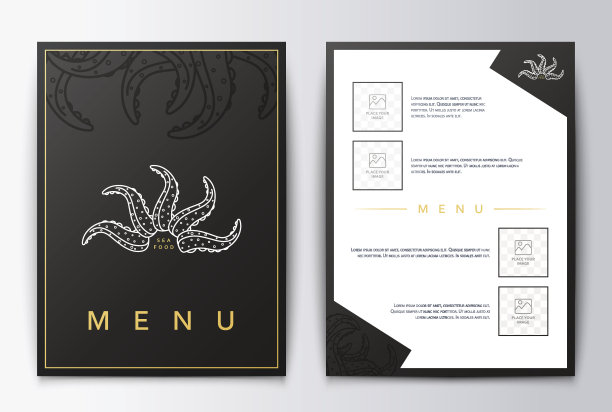 设计菜单。食物传单小册子。海上餐厅菜单设计。图片下载